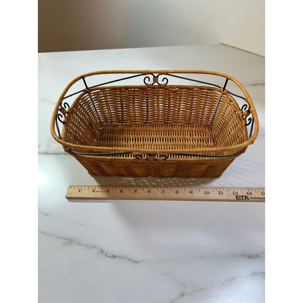 Woven Wicker Basket Black Metal Frame Scrollwork Rectangular Storage Bin Brown